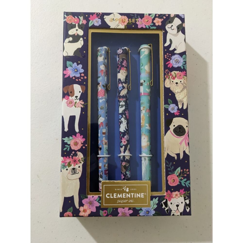 Clementine Paper Inc 3 Black Ink Pen Set Dogs Dog Puppies Pictures New